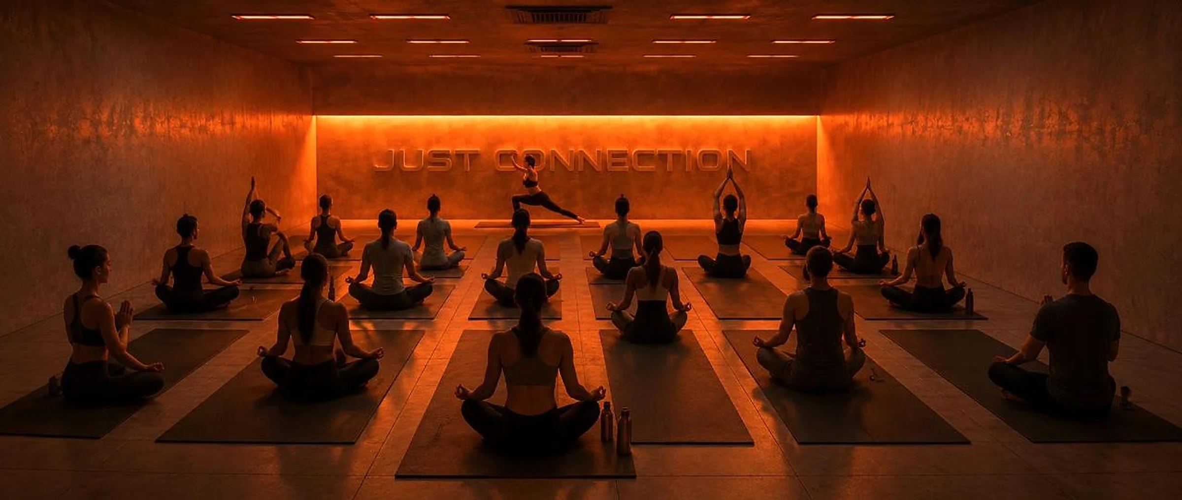 Studio Just Connection da nova unidade em luz âmbar, aula coletiva de yoga