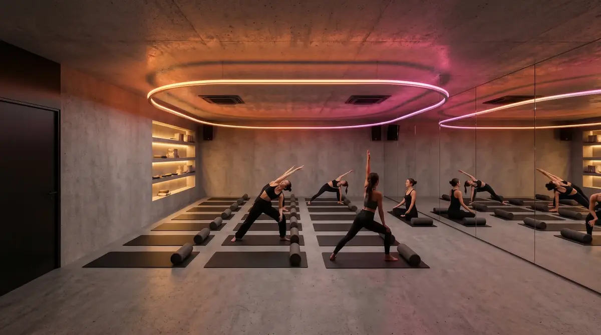 Studio de yoga com iluminação neon e espelhos